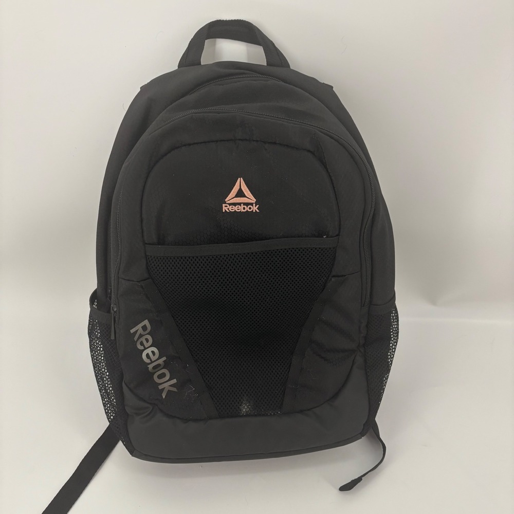 Reebok black full sized backpack bottle holder laptop compartment minimalist gym